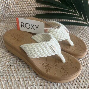 Roxy Caila Ivory/Cream Cotton Stretch Woven Flip Flop Platform Wedge Sandal 6